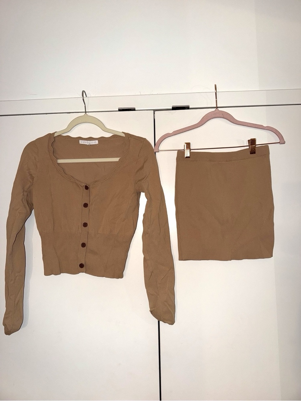 Ribbed Mini Skirt and Button-Front Crop Top Set - Camel